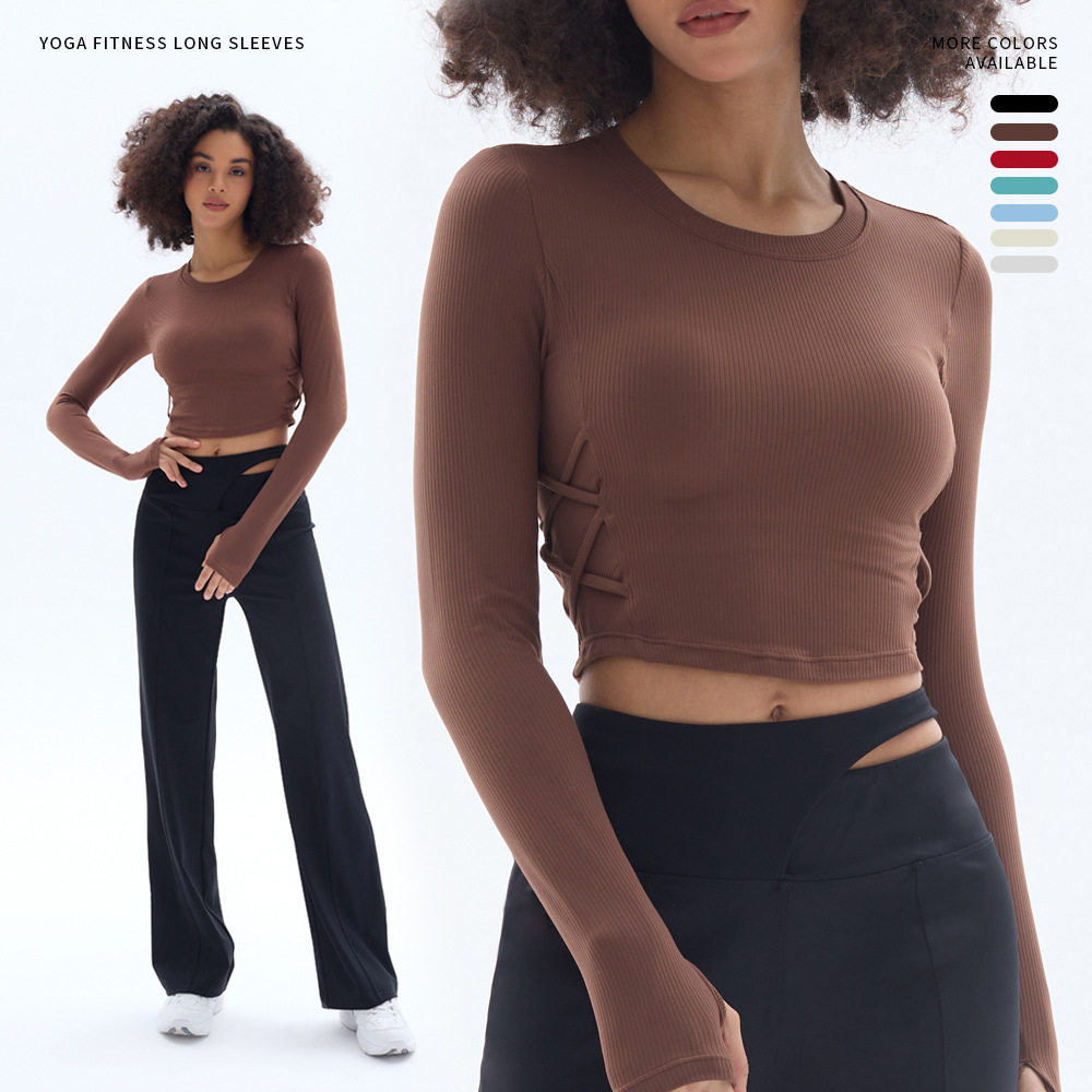 外贸固定式胸垫瑜伽服长袖罗纹运动普拉提健身训练跑步上衣女,运动/瑜伽/健身/球迷用品,瑜伽t恤,淘宝优惠券,粉丝福利购,淘宝优惠卷