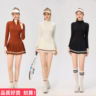 外贸瑜伽服女高领拉链长袖+运动高尔夫网球裙带口袋短裙显套装女