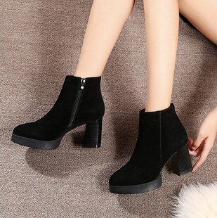 秀气粗高跟厚底磨砂牛皮高跟短靴隐形内增高真皮秋冬女靴跟高11CM