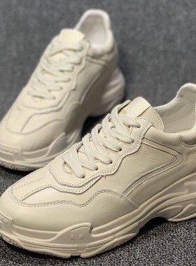 头层牛皮厚底高跟运动单鞋隐形内增高真皮前系带老爹女鞋跟高8CM