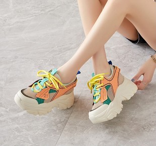 潮炫松糕高坡跟网纱拼色休闲鞋隐形内增高真皮运动夏女鞋跟高11CM