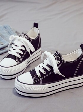 2023新款街拍松糕高跟休闲板鞋隐形内增高春夏帆布白女鞋跟高9CM