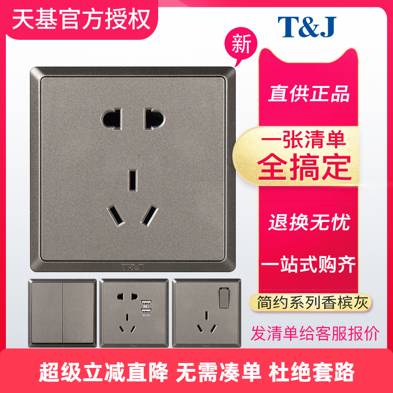 TJ天基开关插座面板简约系列墙壁电源五孔USB三孔16A空香槟灰套装