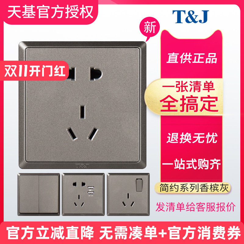 TJ天基开关插座面板简约系列墙壁电源五孔USB三孔16A空香槟灰套装