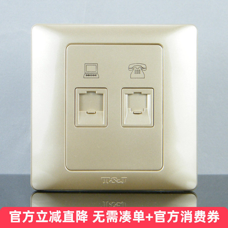 TJ天基开关插座开关面板雅致系列 电话 电脑插座 香槟金