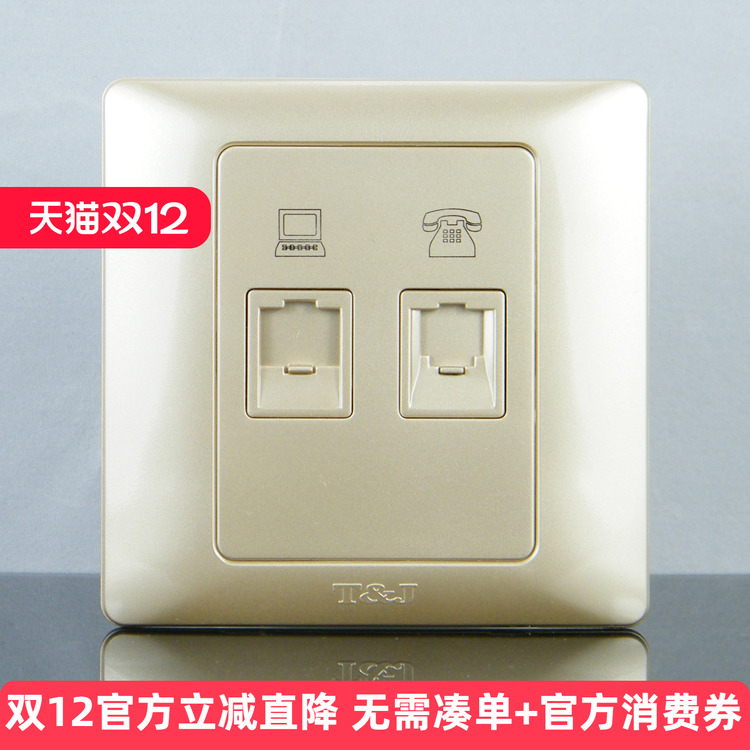 TJ天基开关插座开关面板雅致系列 电话 电脑插座 香槟金