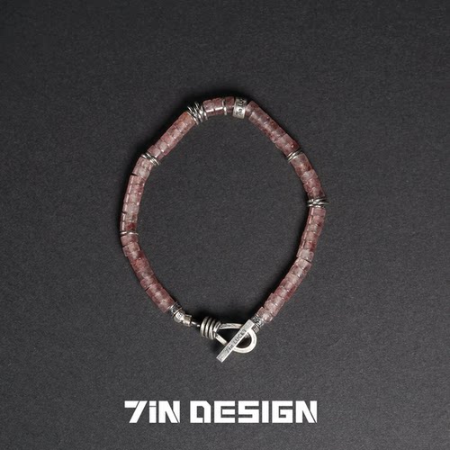 7in【桃雾】原创小众设计天然草莓晶手串手工编织蜡绳925纯银手链