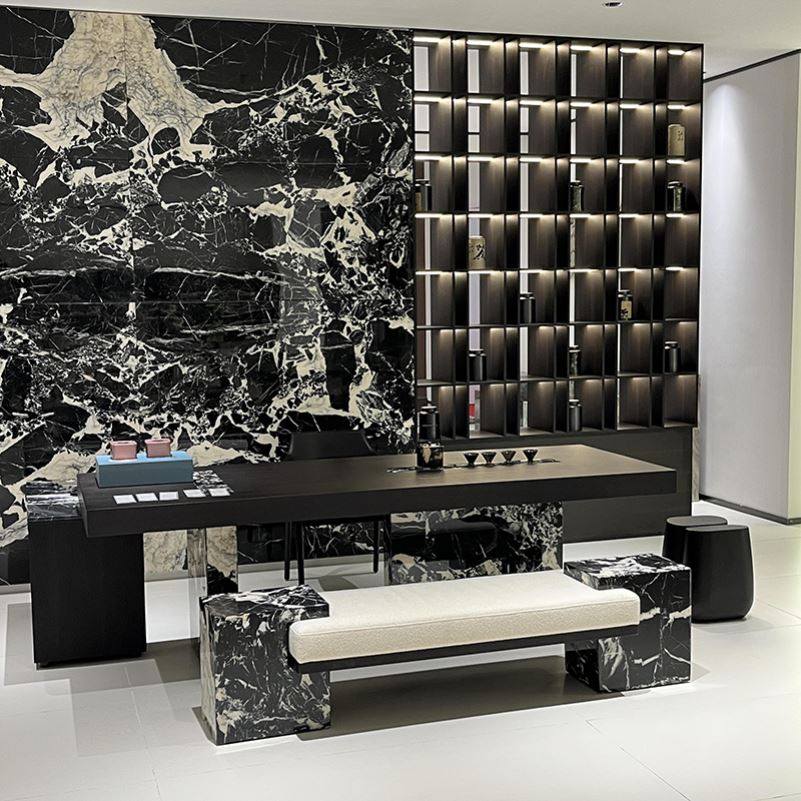 宋式美学高端定制黑胡桃木茶桌椅岩板茶台设计师同款茶室泡茶桌