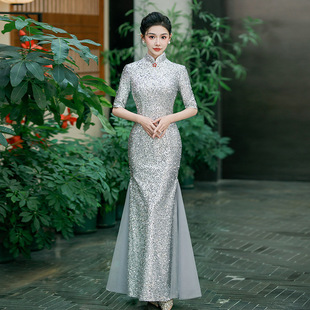 2025新款走秀旗袍高端大气上档次亮片年轻款鱼尾合唱团演出服