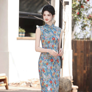 2026春夏新款旗袍新中式国风郁金香印花旗袍天丝麻修身气质女旗袍