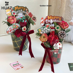 新品圣诞快乐圆盒纸质折叠盒鲜花水果礼品包装材料花艺diy资材