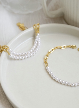 美国小众 博主推荐复古风 珍珠串珠+金属裸链拼接项链+手链 女