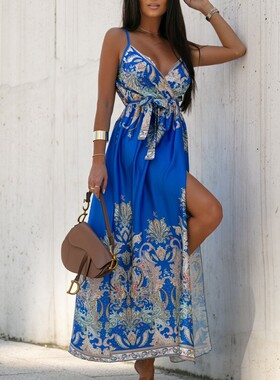 Casual Summer Sleeveless Loose Lace Up Dress V Neck Beach Wo