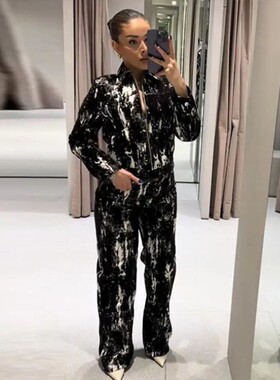 Vintage Printed Pants Suit Women Street Lapel Full Sleeves Z