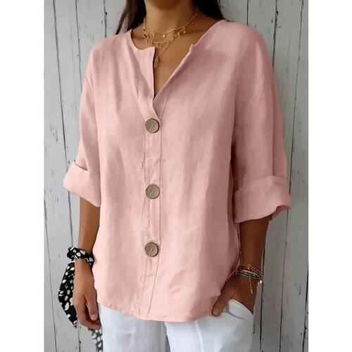 ? Plus Size Women's Loose Casual V-ne Button-up Top Vintage