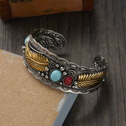 Vintage Turquoises Feather Bracelet for Men Women Bohemian E