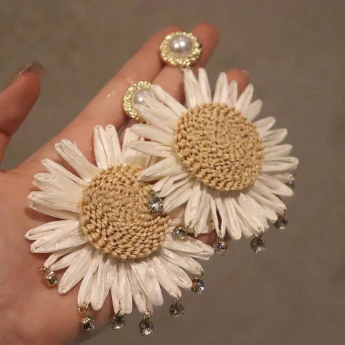 Raffia straw exaggerated earrings, Bohemian style, sunflower