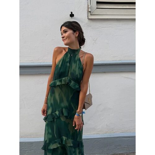 Floral Print Halter Neck Cutout Maxi Dress Tiered Ruffle Sle