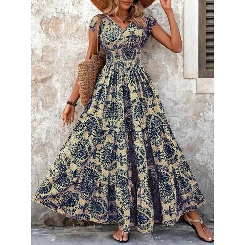 2026 Vintage Floral Print Dress Elegant V-Neck Short Sleeve