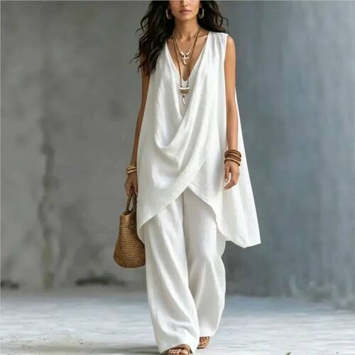 Fashion Loose Linen Short-sleeved Trousers 2 Piece Set Women