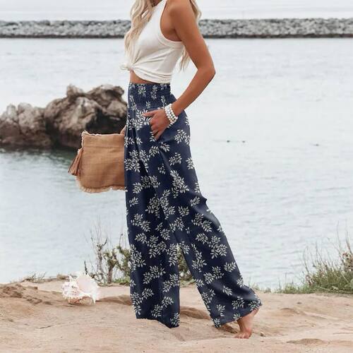 Large size women's pants, flower printed beach wide leg pant