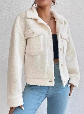 Winter Jacken Pocket Plush Short Coat Women's Long Sleeve  B