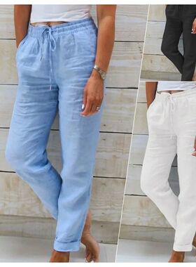 Cotton Linen Summer Pants for Women High Waist Elastic Casua