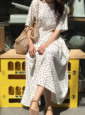 Women Summer Polka Dot Slim Waist Bandage Long Dress Female