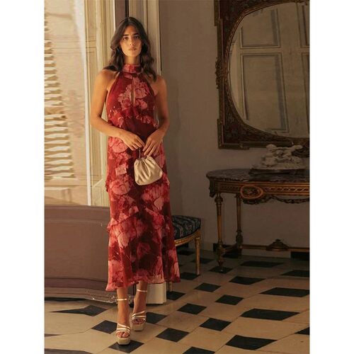 Floral Print Halter Neck Cutout Maxi Dress Tiered Ruffle Sle