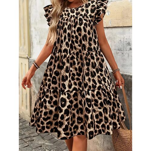 Women's Plus Size Leopard Print Dress - Elegant Ruffle Hem C