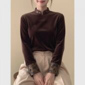 内搭小衫 新中式 修身 25冬轻熟小众不撞款 国风咖色拼接丝绒上衣女装