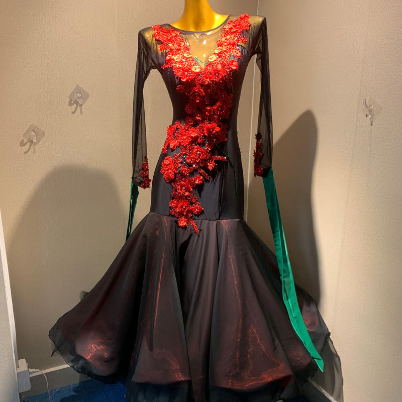 摩登舞华尔兹演出服装 表演服定做成人华尔红色花型比赛裙