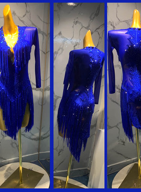 新款舞蹈服成人恰恰拉丁舞演出服定制专业高端伦巴宝蓝色比赛裙