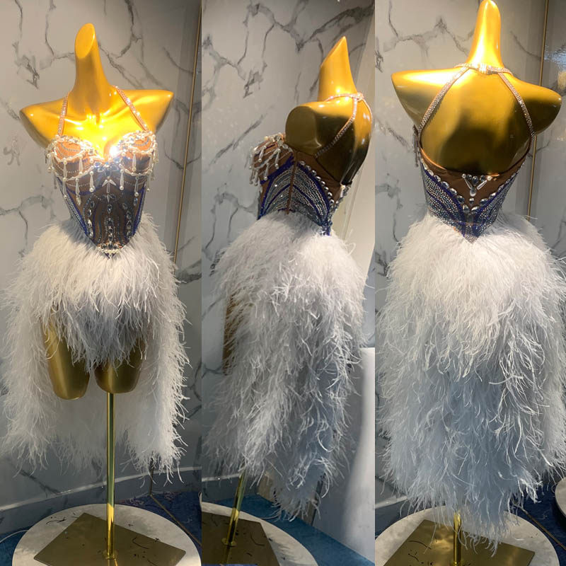 推荐露露新款舞蹈服定制恰恰拉丁舞演出服白色羽毛高端伦巴比赛裙