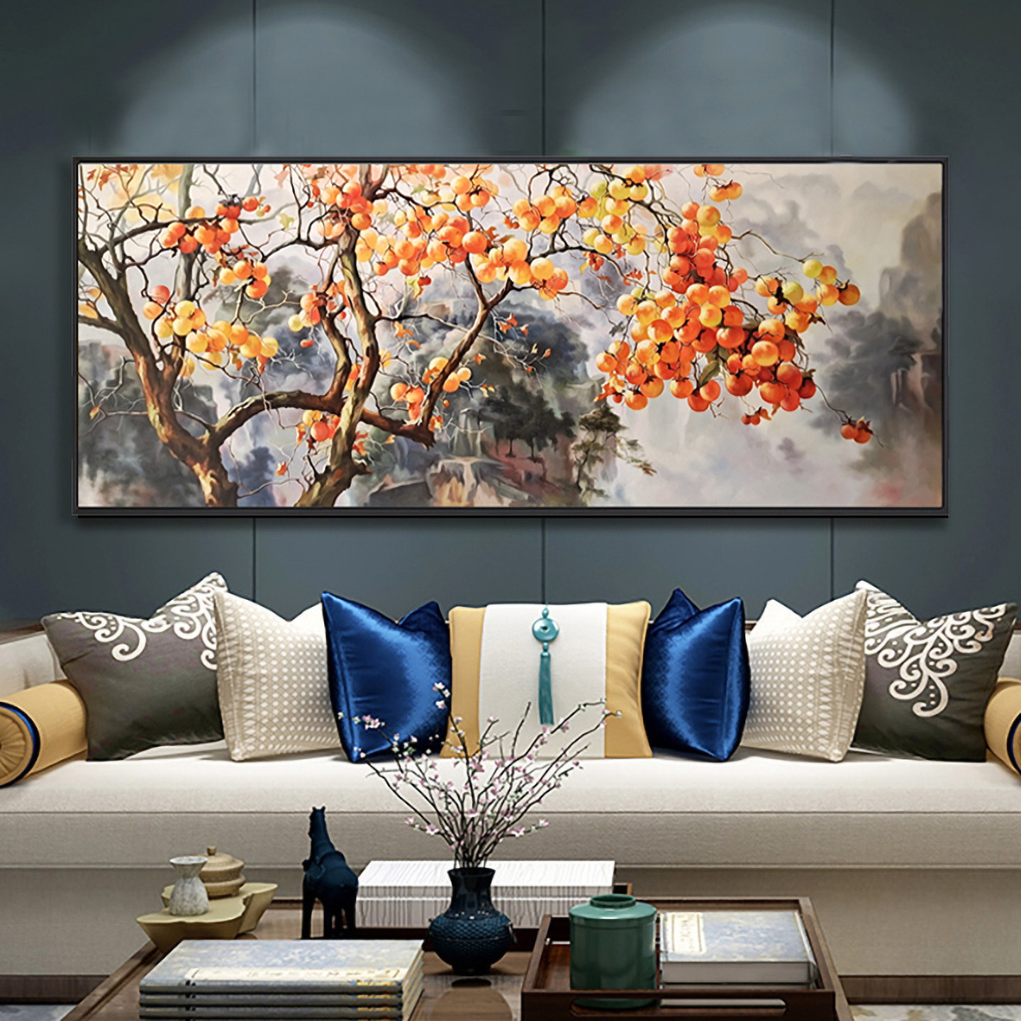 新中式柿子手绘油画横版客厅沙发背景画餐厅装饰画事事如意挂画,家居饰品,油画,淘宝优惠券,粉丝福利购,淘宝优惠卷