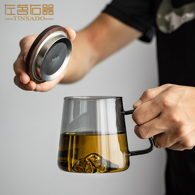 左茗右器观山玻璃杯透明家用茶杯办公室马克杯喝水杯子大容量带盖