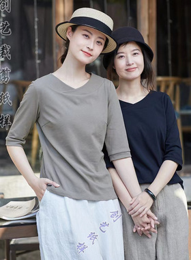 1:1实样裁剪 CX290全棉交叠V领五分袖短t恤2022夏休闲上衣女版纸