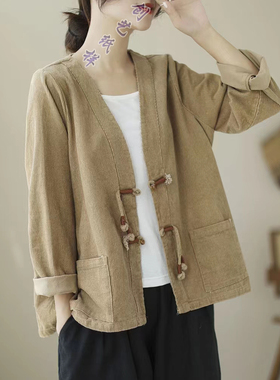 做衣服 N73女装灯芯绒短外套复古盘扣春秋条绒上衣裁剪实物图纸样