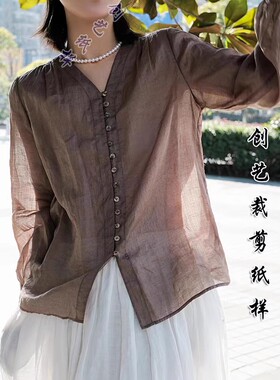 做衣服的纸样 N163新品纯苎麻V领开襟九分轻盈显瘦上衣小衫裁剪图