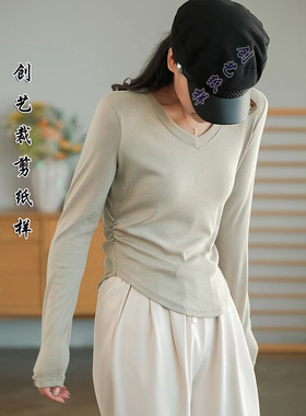 版纸打版N49纯色百搭修身款人棉V领T恤打底女长袖上衣1:1裁剪实样