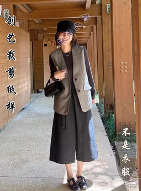 做衣服F160新款V领雨露麻棉气质老钱西装马甲外套女春秋裁剪纸样