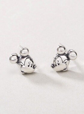 韩国东大门S925通体纯银复古做旧米奇米老鼠耳钉卡通INS耳环百搭