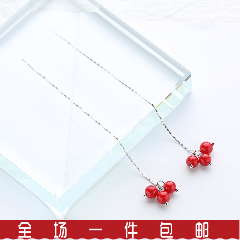 925银耳线女韩版气质甜美红贝珠珍珠流苏耳线 红色圆球耳坠耳链