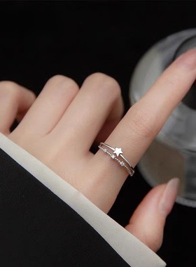 925银双层镶钻星星开口戒指女小众设计轻奢时尚个性素圈食指戒