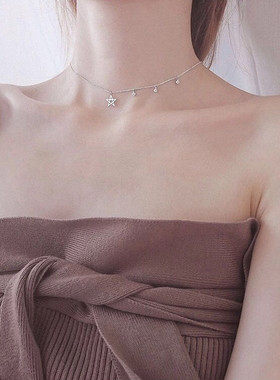 choker纯银锆石镂空五角星锁骨链