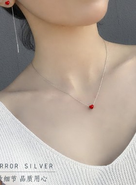 甜美风手工红色滴釉桃心短项链