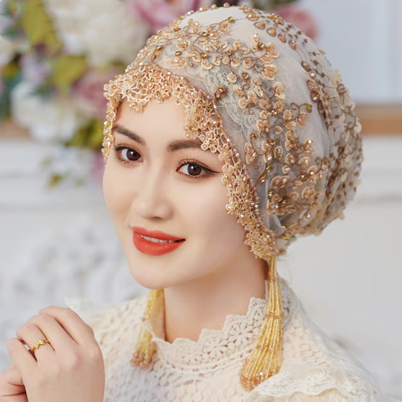 头巾流苏帽包头帽女纯手工串珠帽子纱巾盖头女回真丝绣套头遮发帽