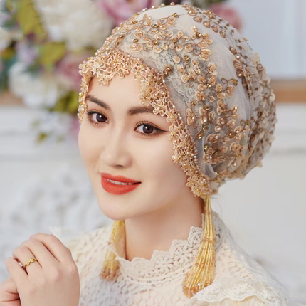 头巾流苏帽包头帽女纯手工串珠帽子纱巾盖头女回真丝绣套头遮发帽