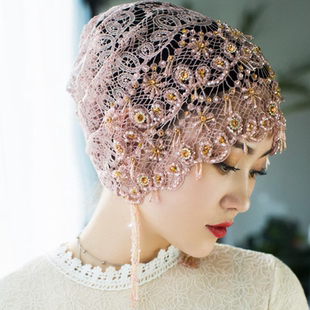 盖头女回头巾帽遮发包头帽子新款流苏帽时尚纱巾蕾丝镂空头套纱帽