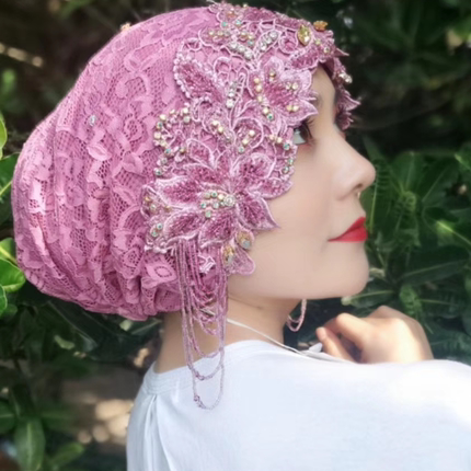 串珠流苏帽子纯手工头巾帽纱巾帽新款蕾丝包头帽子头套盖头女套头